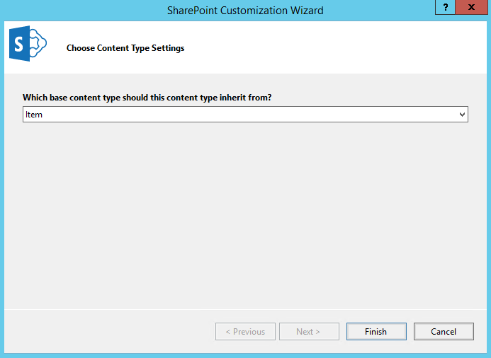 Create Lists with SharePoint Using Visual Studio 2015: You’ll be prompted to select the parent content type from which to inherit. In our case, we’ll choose Item.