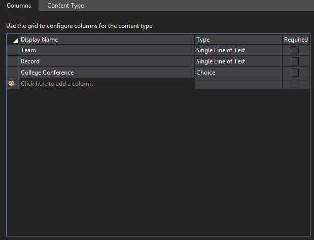 Create Lists with SharePoint Using Visual Studio 2015: Once the content type has been created, we’ll now have a chance to add the site columns we created previously. Click on the first line in the content type, and enter the Display Name of the column. Visual Studio will populate a list of possible columns once you start typing.