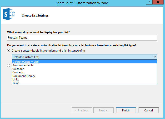 Create Lists with SharePoint Using Visual Studio 2015: Now we can finally create the list itself. Right click on the List folder, and click on Add -> New Item -> List and enter a name for the list. Next, we’ll decide on the list type which will either be a new instance (list/document library/announcement/etc) or a list that will inherit from an existing one. For our scenario, we’ll create a new instance of a default list.