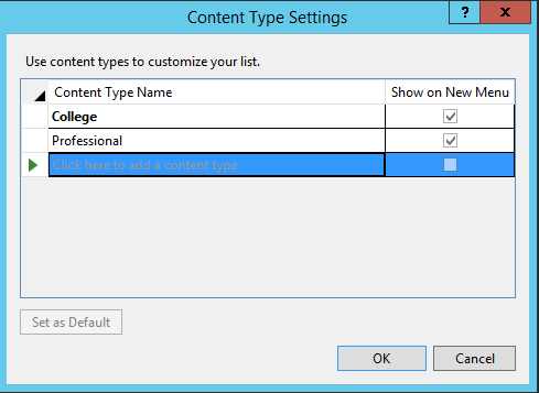 Create Lists with SharePoint Using Visual Studio 2015: Next, we’ll add the content types to the list. If we didn’t need content types, we could directly type the columns into the list, but for our scenario, we’ll click on the Content Type button towards the bottom of the list. This will open the Content Type Settings. Here we’ll type in the content type names, and again, Visual Studio will begin populating available content types from which to choose.