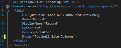 Create Lists with SharePoint Using Visual Studio 2015: Text Field: Once you create a column, you’ll notice that Visual Studio has automatically added a Feature to the project and included the new column in it. As we’re adding columns, we will need to update a couple fields to fit our solution, such as the Group and Type. Below are two different columns: a text field and a choice field.