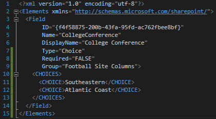 Create Lists with SharePoint Using Visual Studio 2015: Choice Field: Once you create a column, you’ll notice that Visual Studio has automatically added a Feature to the project and included the new column in it. As we’re adding columns, we will need to update a couple fields to fit our solution, such as the Group and Type. Below are two different columns: a text field and a choice field.