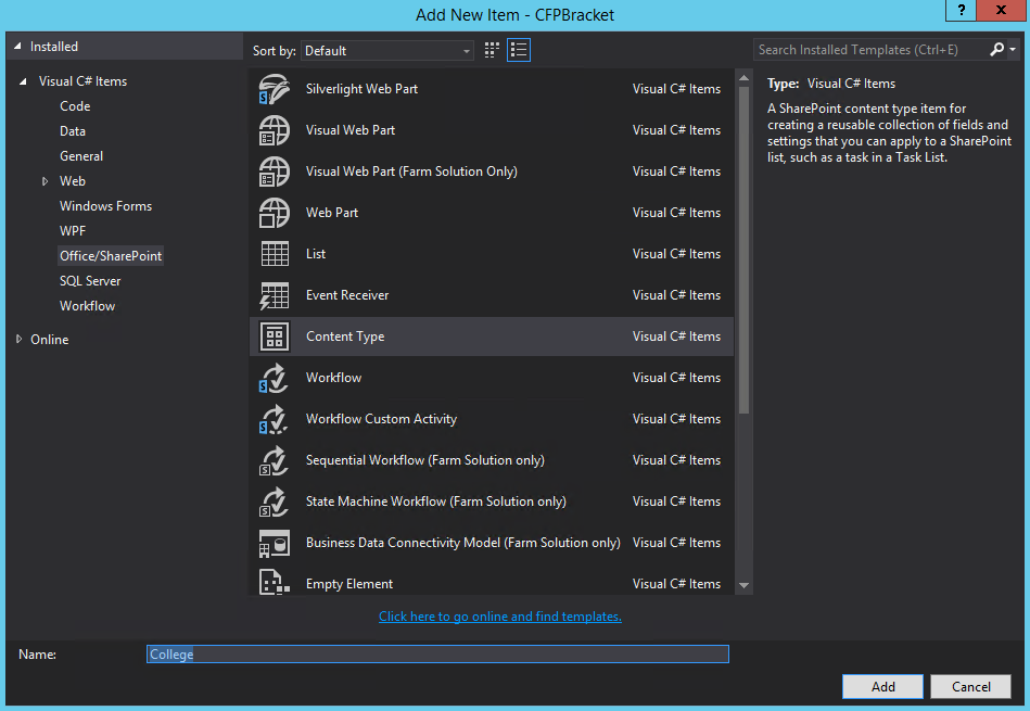 Create Lists with SharePoint Using Visual Studio 2015: Now let’s create some content types to hold the columns. Not every solution requires content types, but we’ll still explain how to configure one in the event your project requires them. Right click on the Content Type folder, and select Add a New Item. This time select Content Type, and give it a name.