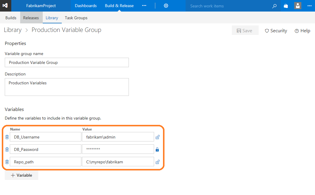 Team Foundation Server (TFS) 2017 Upgrade -Variable groups support in Release • Variable groups are used to group your variables and their values to make them available across multiple release definitions. You can also manage security for variable groups and chose who can view, edit, and consume the variables from the variable groups in your release definitions.