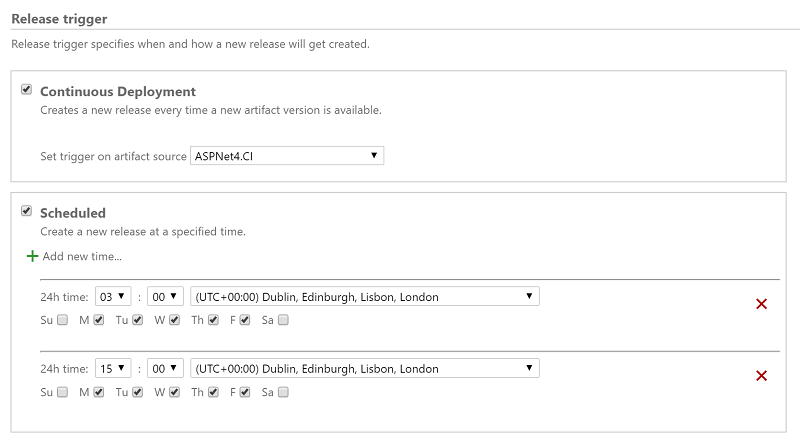 Team Foundation Server (TFS) 2017 Upgrade - Multiple schedules in releases • Want to schedule your releases to be created more than once a day? You can now configure multiple scheduled triggers in a release definition.